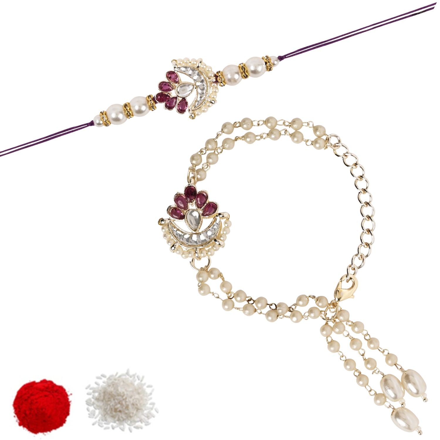 Elegant Bhaiya Bhabhi Lumba Pearl Wine & Rakhi With Roli Chawal &Card