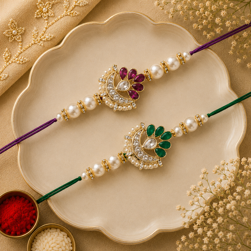 Elegance Kundan & Pearl Beads Rakhi with Roli Chawal & Card (Pack of 2)