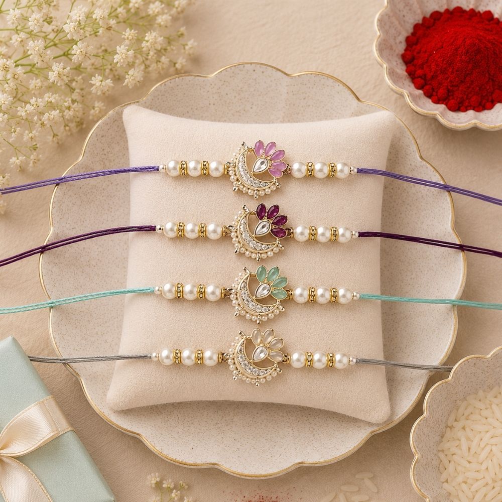 Elegance Kundan & Pearl Beads Rakhi with Roli Chawal & Card (Pack of 4)