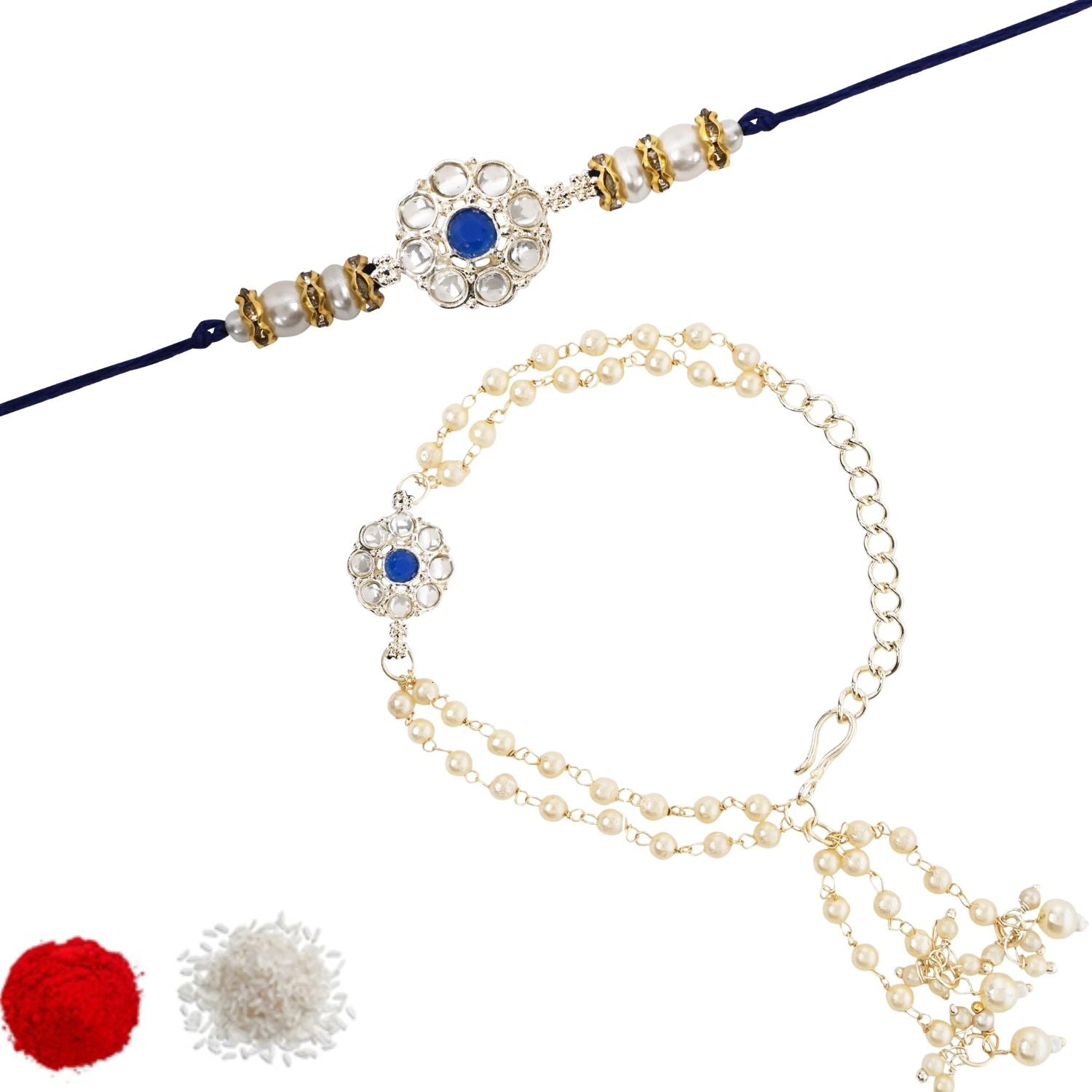 Elegant Bhaiya Bhabhi Lumba Pearl Blue Rakhi With Roli Chawal & Card