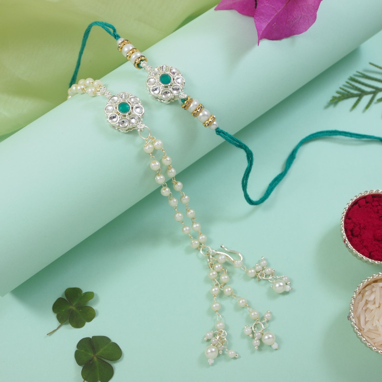 Elegant Bhaiya Bhabhi Green Lumba & Pearl Rakhi With Roli Chawal &Card