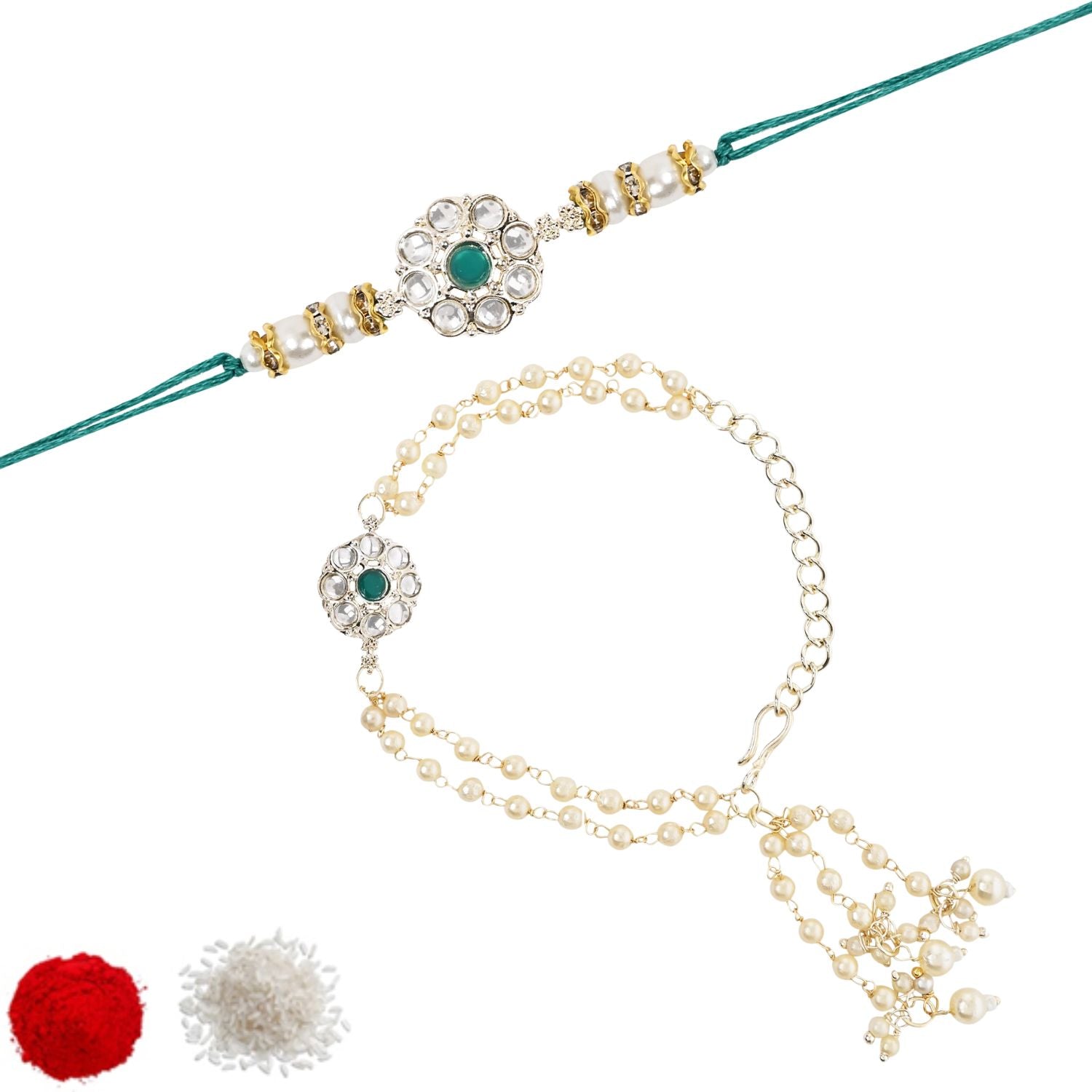Elegant Bhaiya Bhabhi Green Lumba & Pearl Rakhi With Roli Chawal &Card