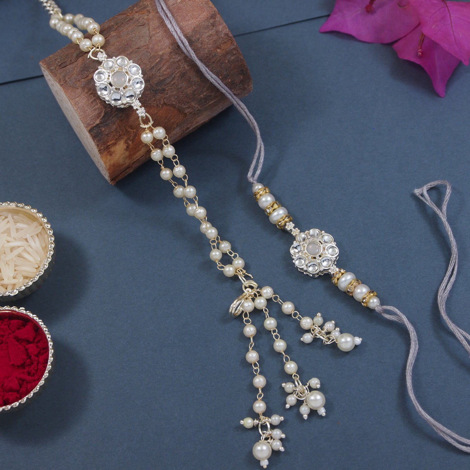 Elegant Bhaiya Bhabhi Lumba Pearl & Rakhi With Roli Chawal & Card