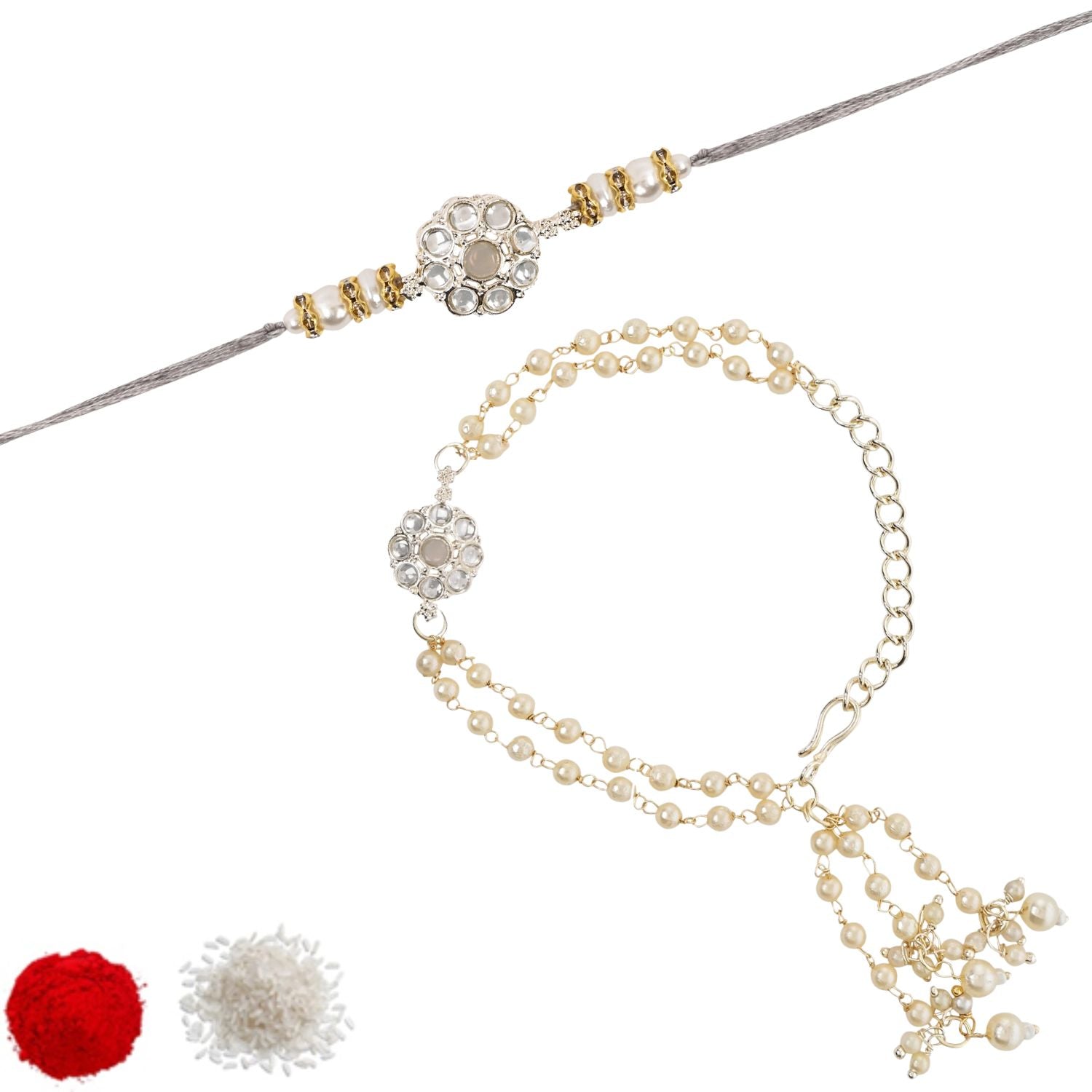 Elegant Bhaiya Bhabhi Lumba Pearl & Rakhi With Roli Chawal & Card