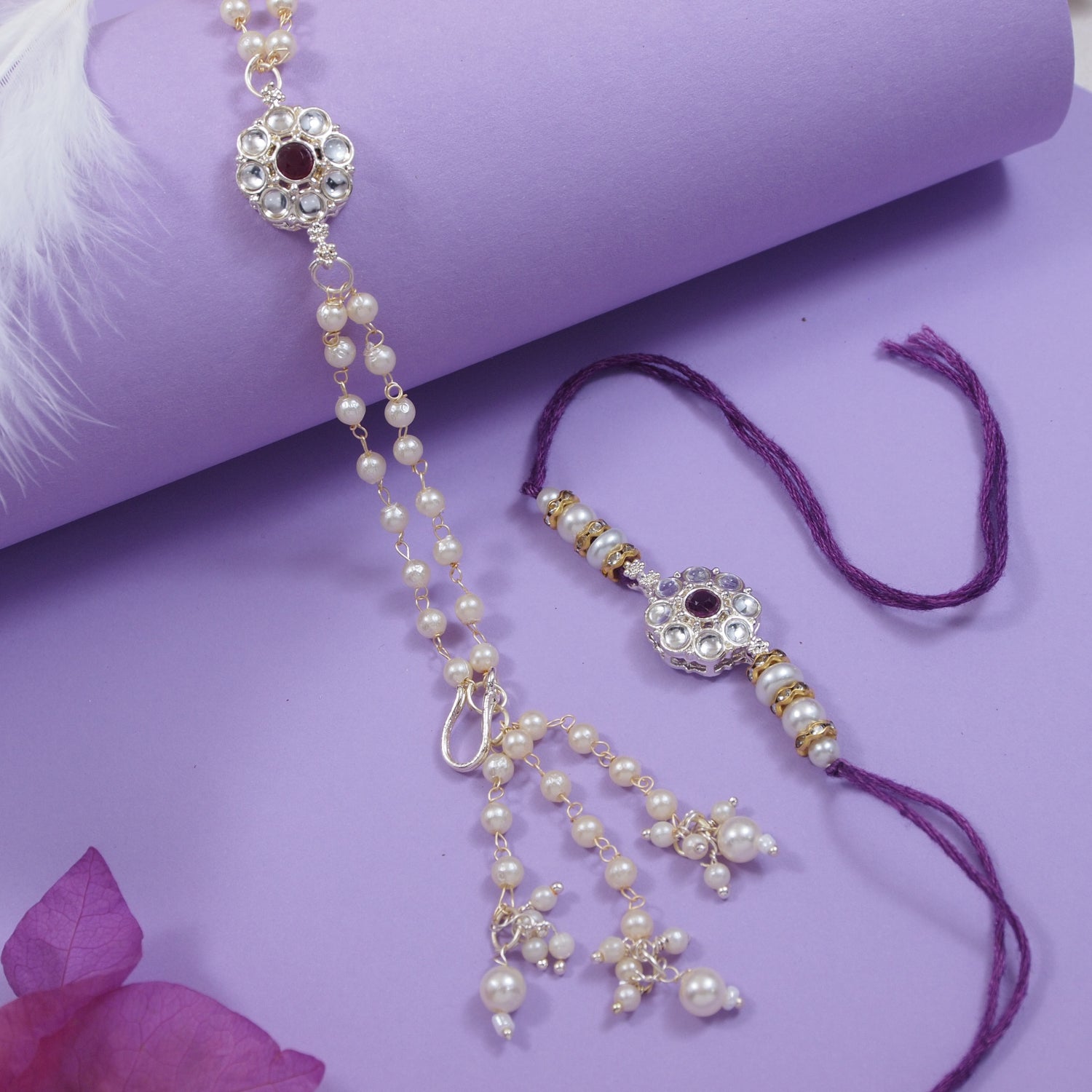 Elegant Bhaiya Bhabhi Wine Lumba Pearl Rakhi With Roli Chawal &Card