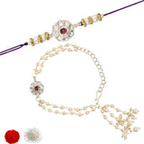 Elegant Bhaiya Bhabhi Wine Lumba Pearl Rakhi With Roli Chawal &Card