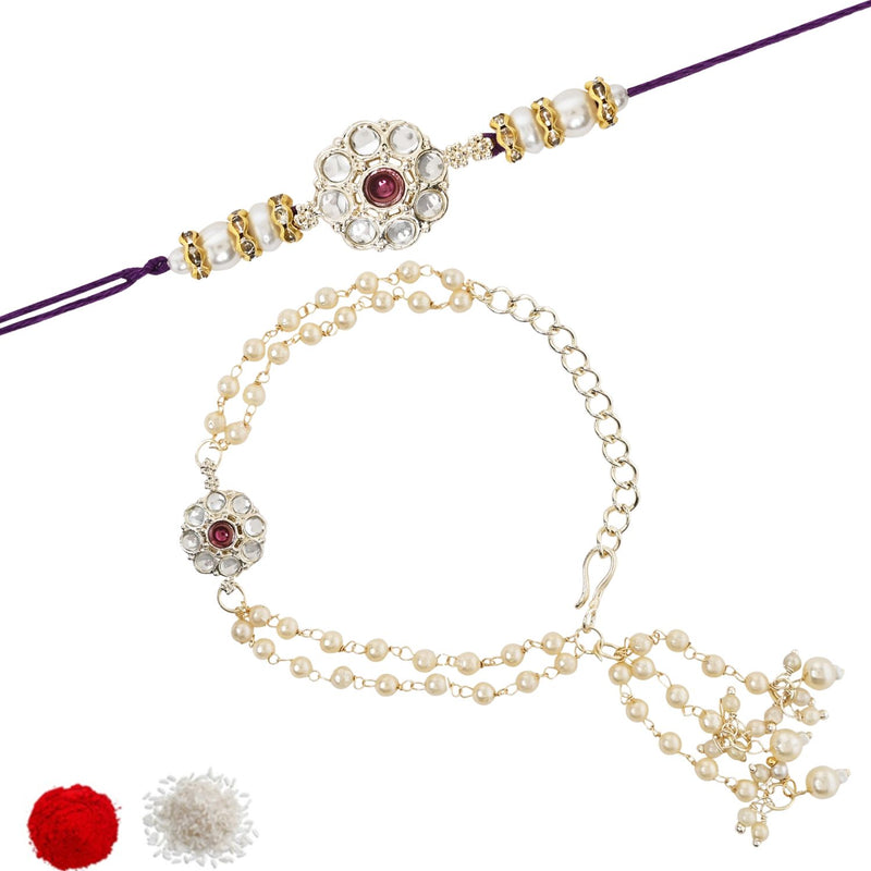 Elegant Bhaiya Bhabhi Wine Lumba Pearl Rakhi With Roli Chawal &Card