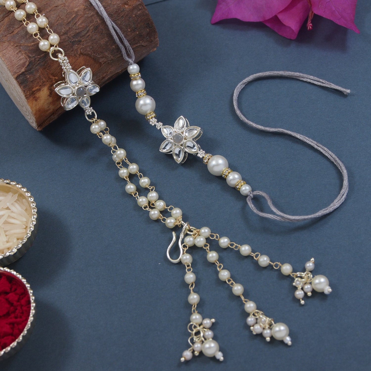 Elegant Bhaiya Bhabhi Grey Lumba & Pearl Rakhi With Roli Chawal &Card
