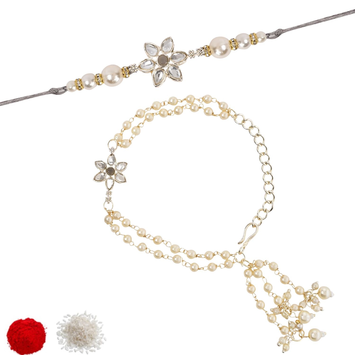 Elegant Bhaiya Bhabhi Grey Lumba & Pearl Rakhi With Roli Chawal &Card