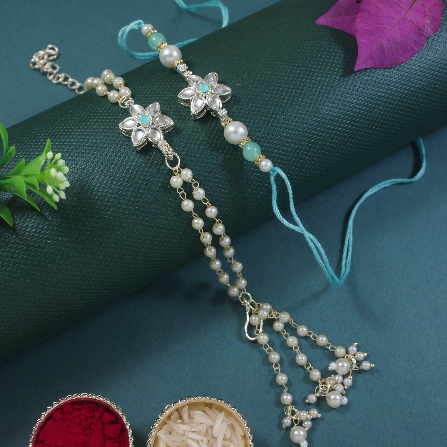 Elegant Bhaiya Bhabhi Mint Lumba Pearl & Rakhi With Roli Chawal &Card