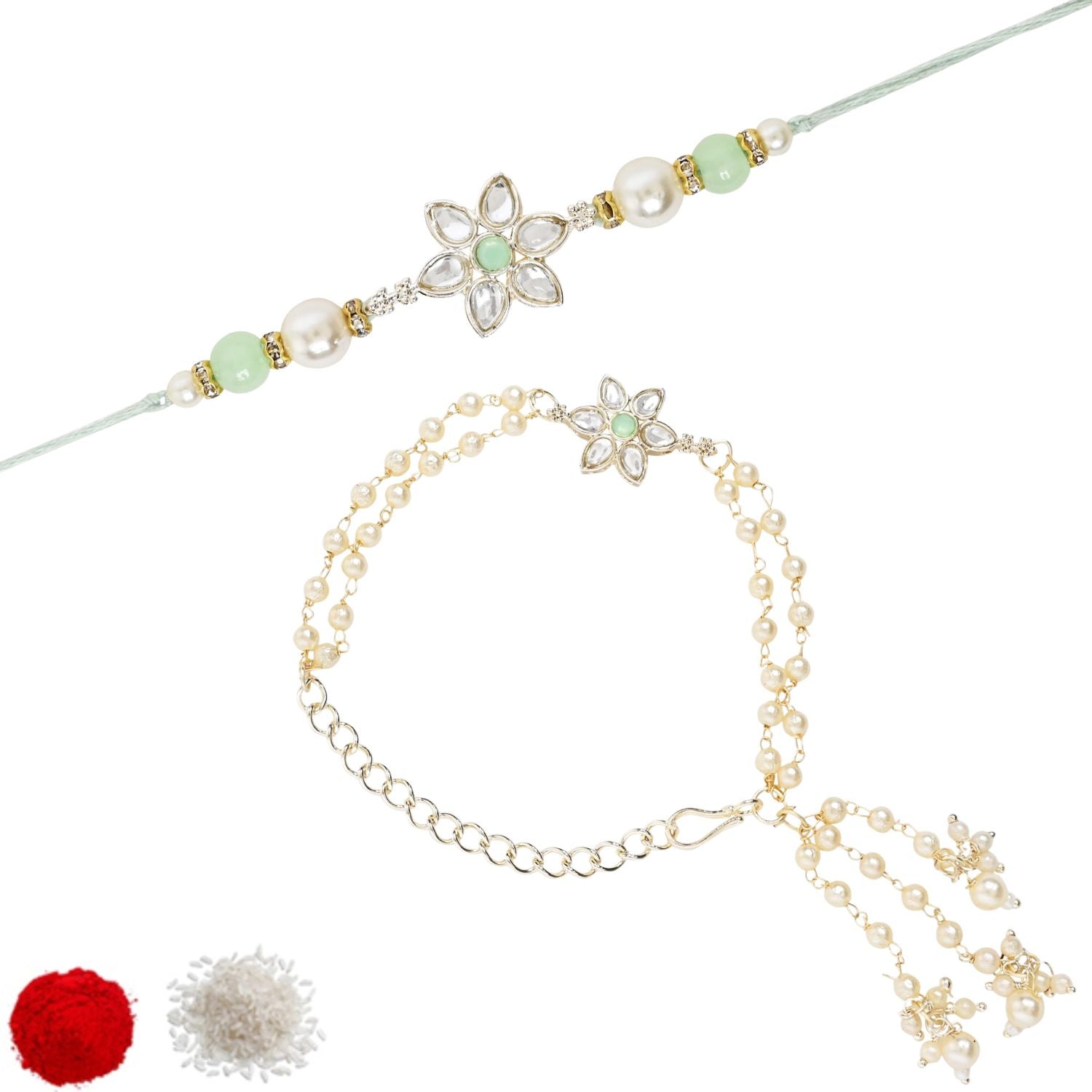 Elegant Bhaiya Bhabhi Mint Lumba Pearl & Rakhi With Roli Chawal &Card