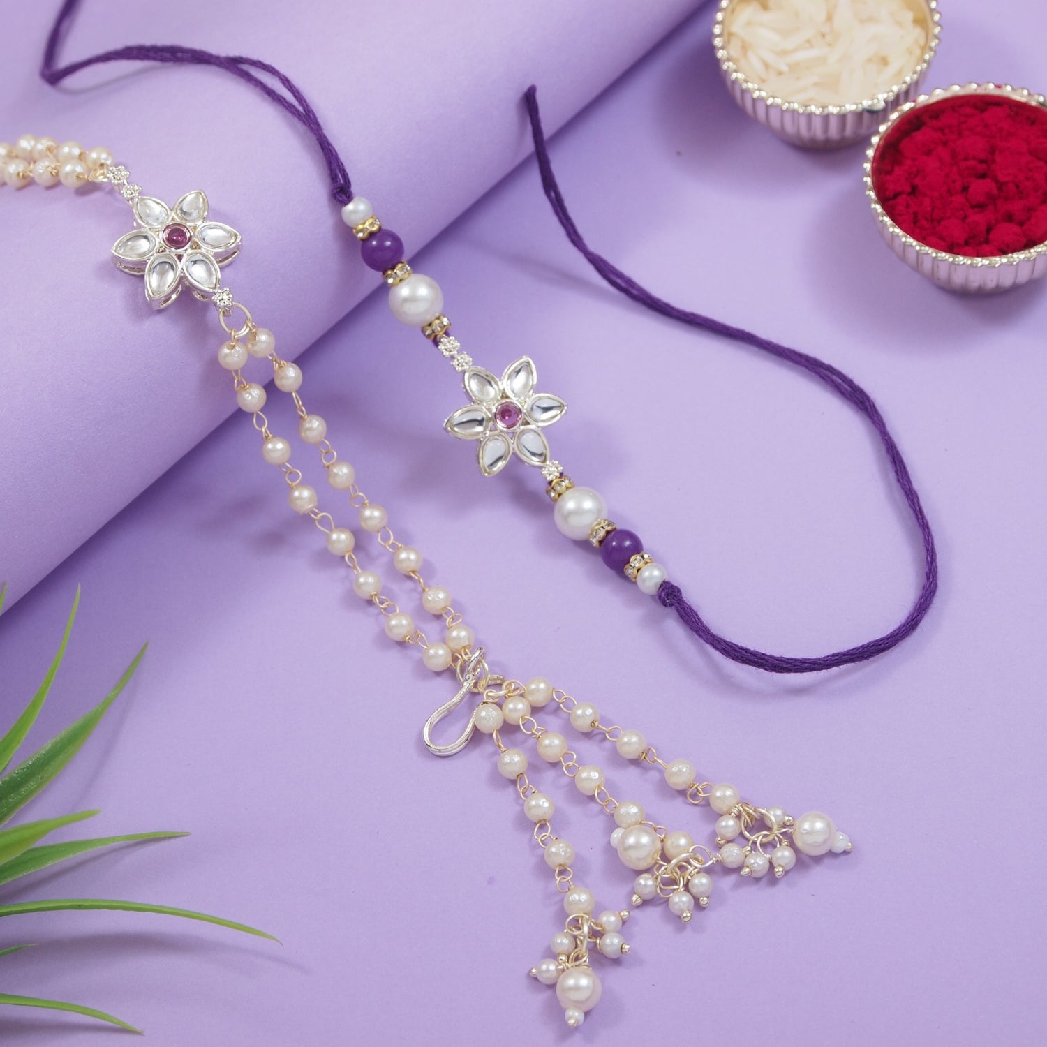 Elegant Bhaiya Bhabhi Wine Lumba Pearl Rakhi With Roli Chawal &Card