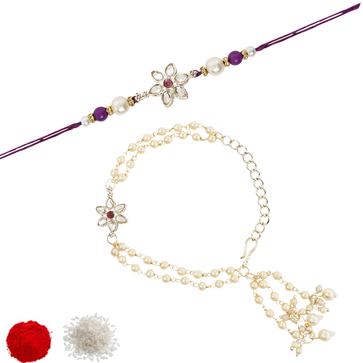 Elegant Bhaiya Bhabhi Wine Lumba Pearl Rakhi With Roli Chawal &Card