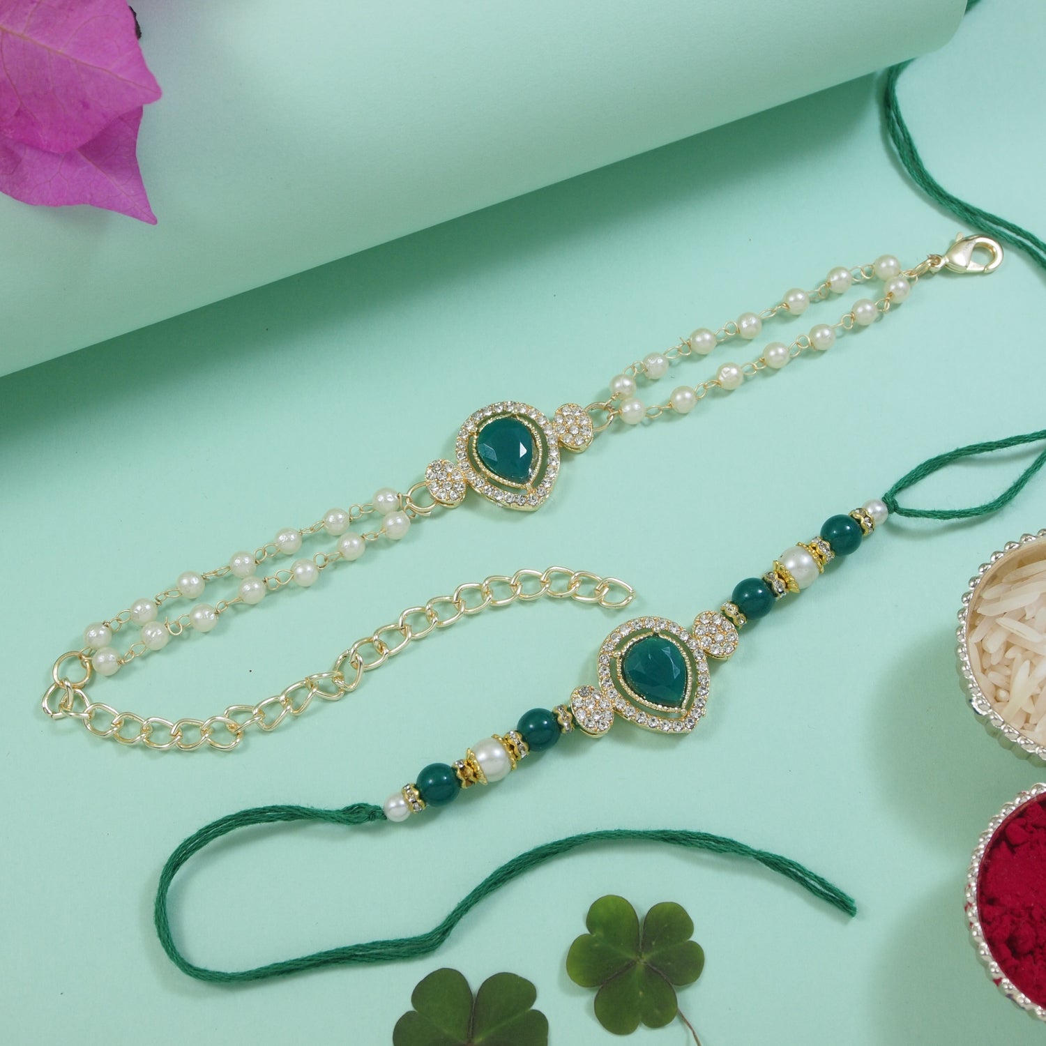 Elegant Bhaiya Bhabhi Green Lumba & Pearl Rakhi With Roli Chawal &Card