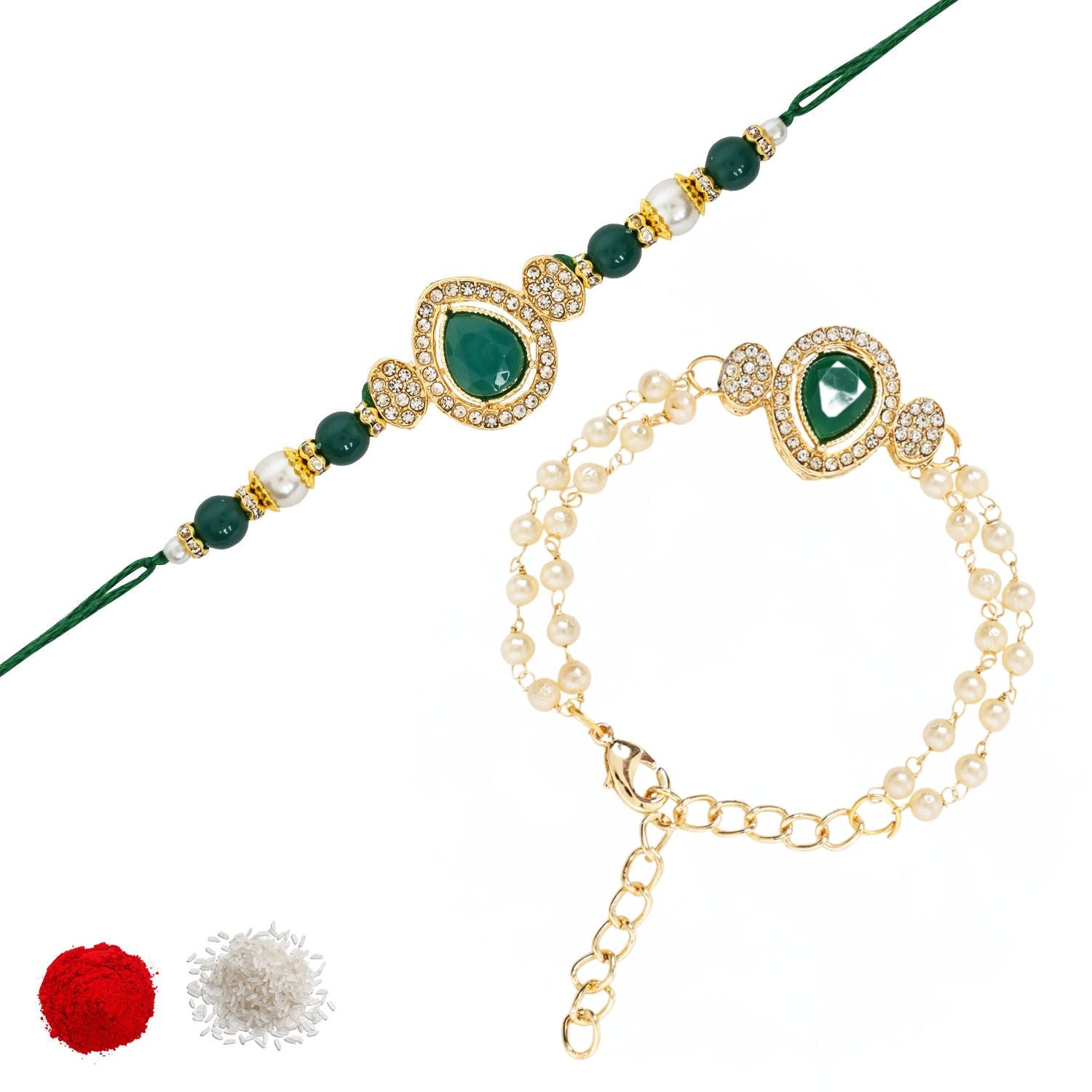 Elegant Bhaiya Bhabhi Green Lumba & Pearl Rakhi With Roli Chawal &Card
