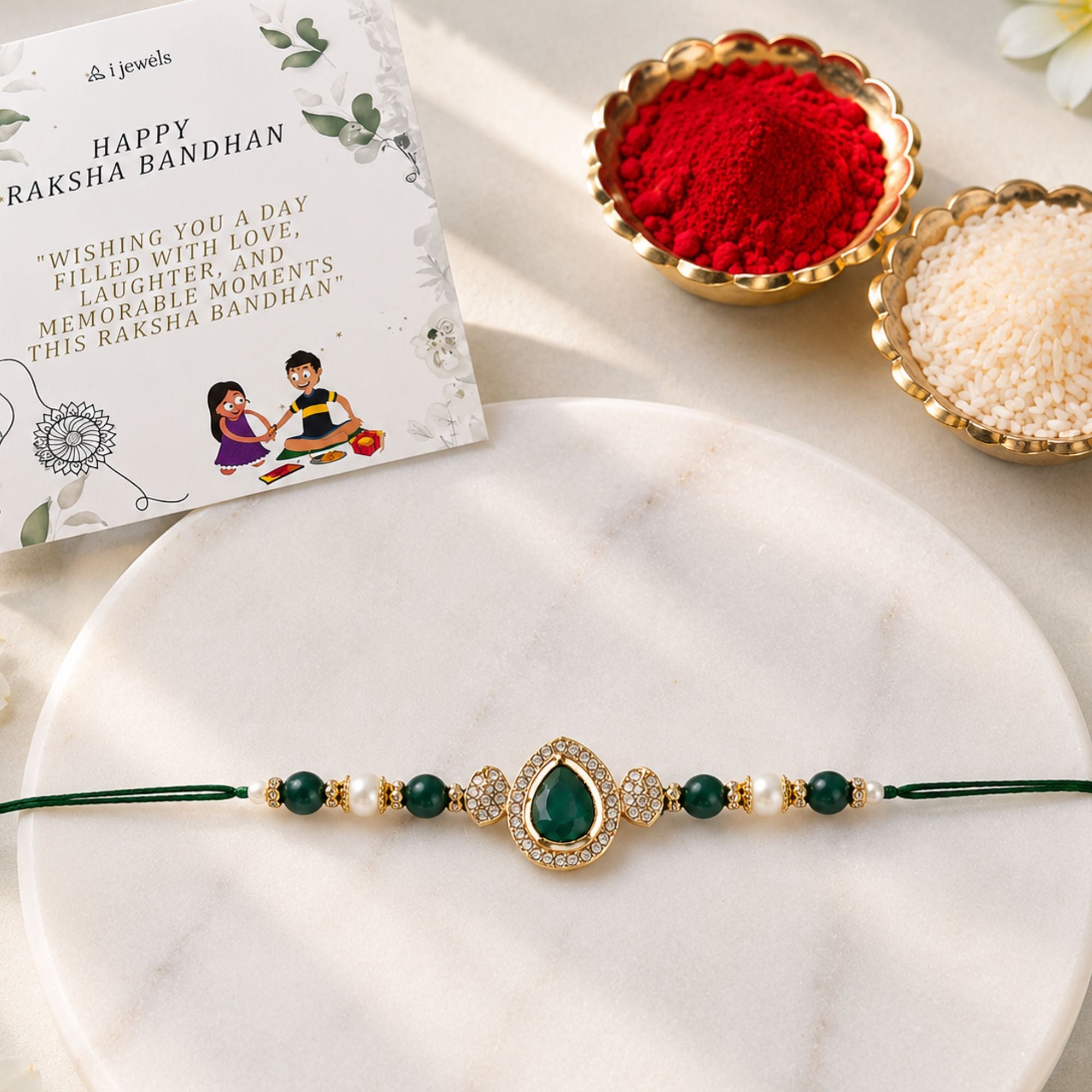 Delicate Pearl Beads Green Rakhi with Roli Chawal & Rakshabandhan Card