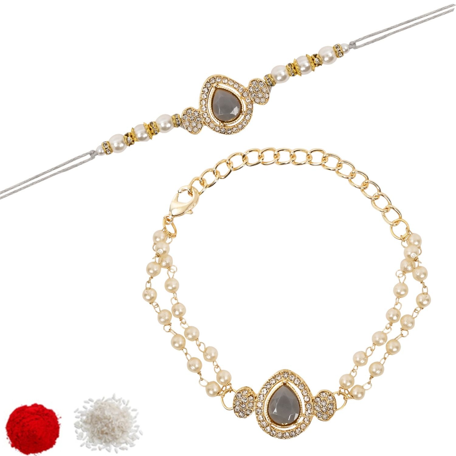 Elegant Bhaiya Bhabhi Grey Lumba & Pearl Rakhi With Roli Chawal &Card