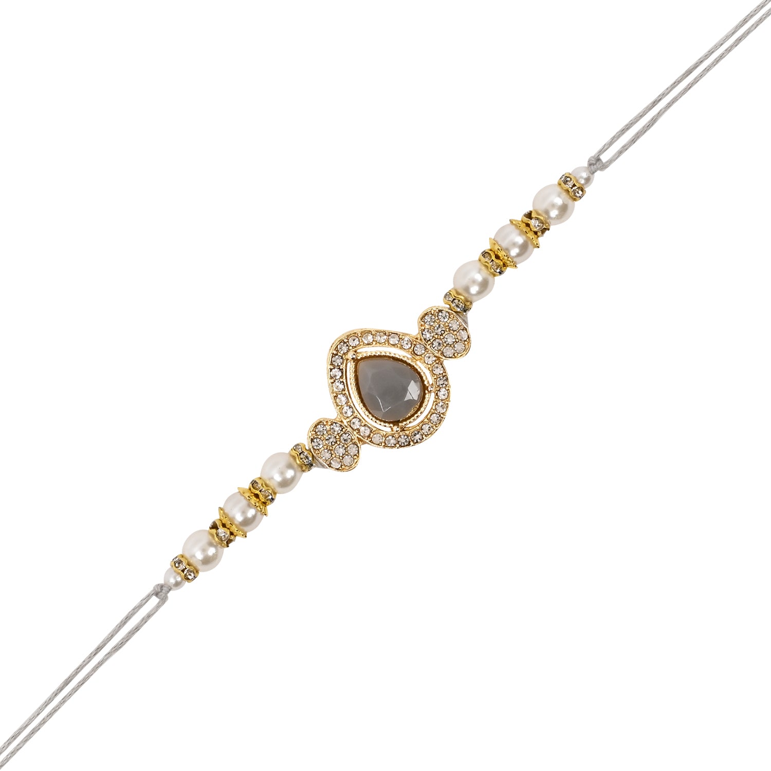 Elegant Bhaiya Bhabhi Grey Lumba & Pearl Rakhi With Roli Chawal &Card