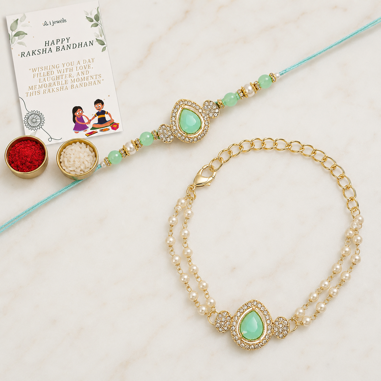Elegant Bhaiya Bhabhi Mint Lumba Pearl & Rakhi With Roli Chawal & Card