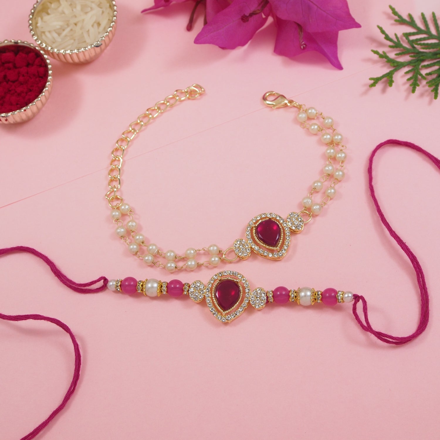 Elegant Bhaiya Bhabhi Pink Lumba Pearl & Rakhi With Roli Chawal &Card