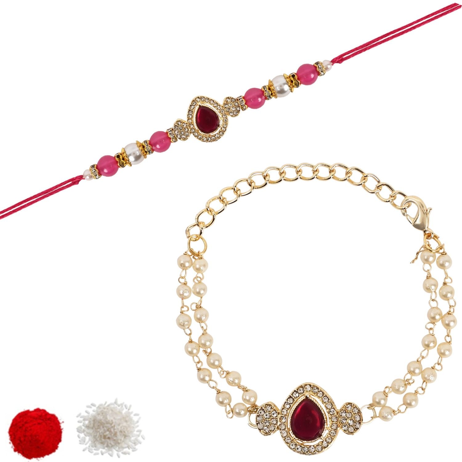 Elegant Bhaiya Bhabhi Pink Lumba Pearl & Rakhi With Roli Chawal &Card