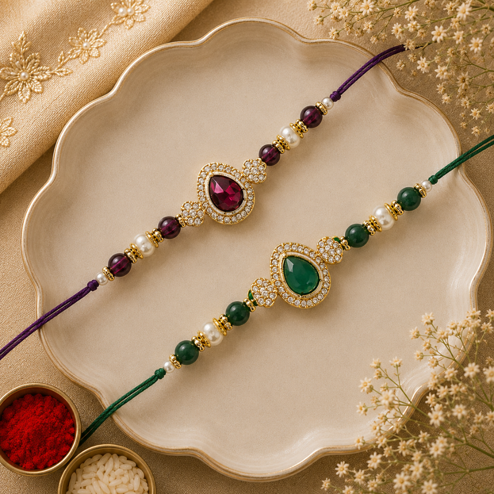 Elegance Kundan & Pearl Beads Rakhi with Roli Chawal & Card (Pack of 2)
