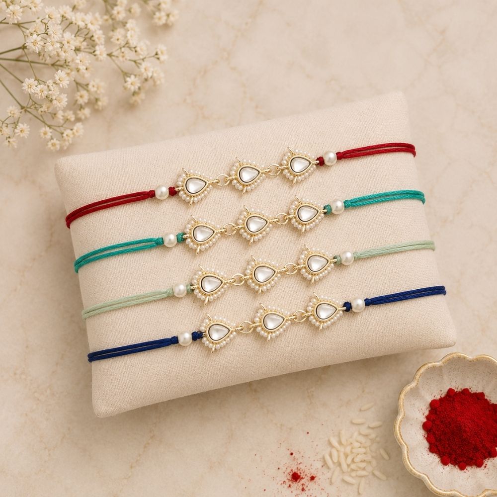 Elegance Kundan & Pearl Beads Rakhi with Roli Chawal & Card (Pack of 4)