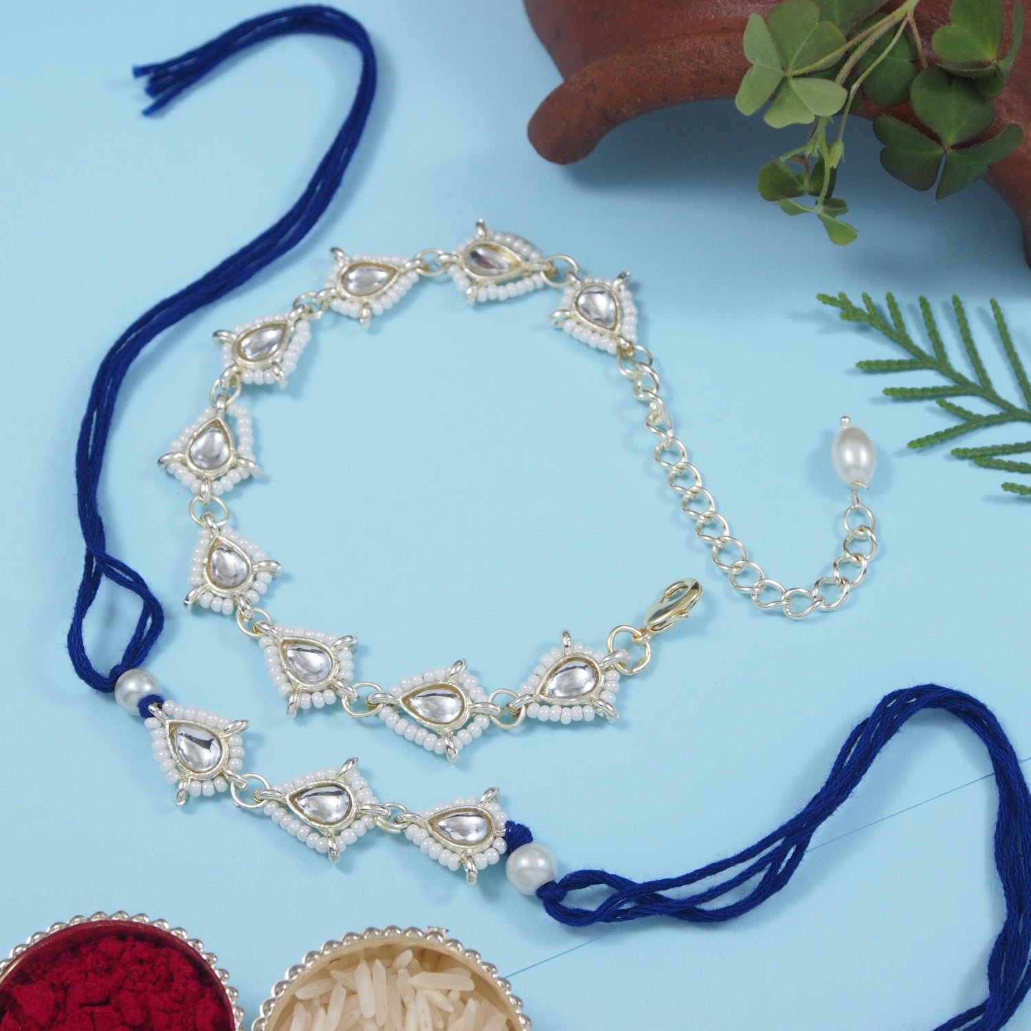 Elegant Bhaiya Bhabhi Blue Lumba & Pearl Rakhi With Roli Chawal &Card