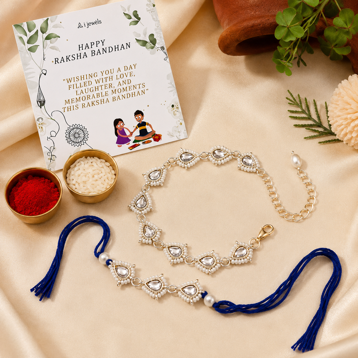 Elegant Bhaiya Bhabhi Blue Lumba & Pearl Rakhi With Roli Chawal &Card
