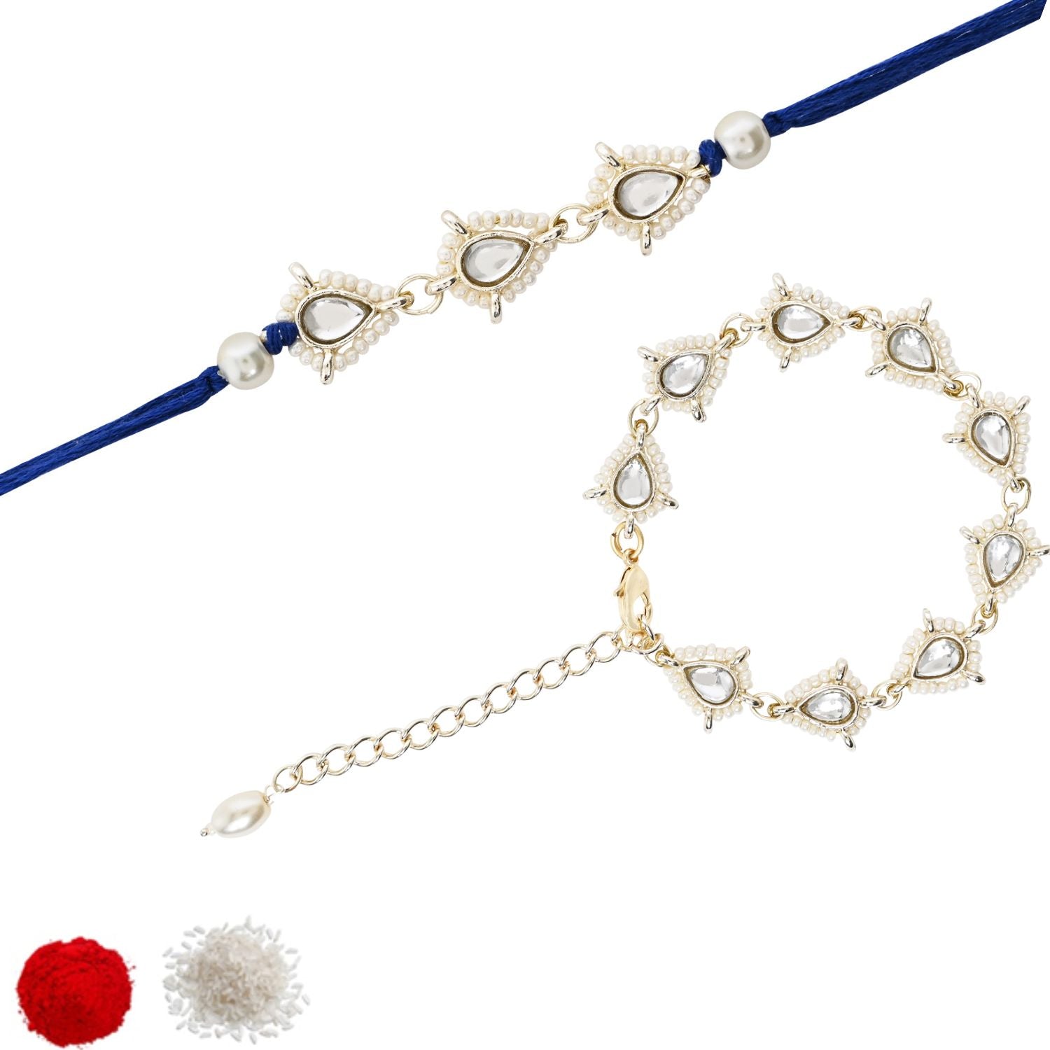 Elegant Bhaiya Bhabhi Blue Lumba & Pearl Rakhi With Roli Chawal &Card