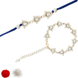 Elegant Bhaiya Bhabhi Blue Lumba & Pearl Rakhi With Roli Chawal &Card