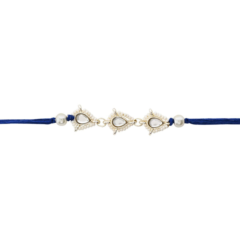 Delicate Pearl Beads Blue Rakhi with Roli Chawal & Rakshabandhan Card