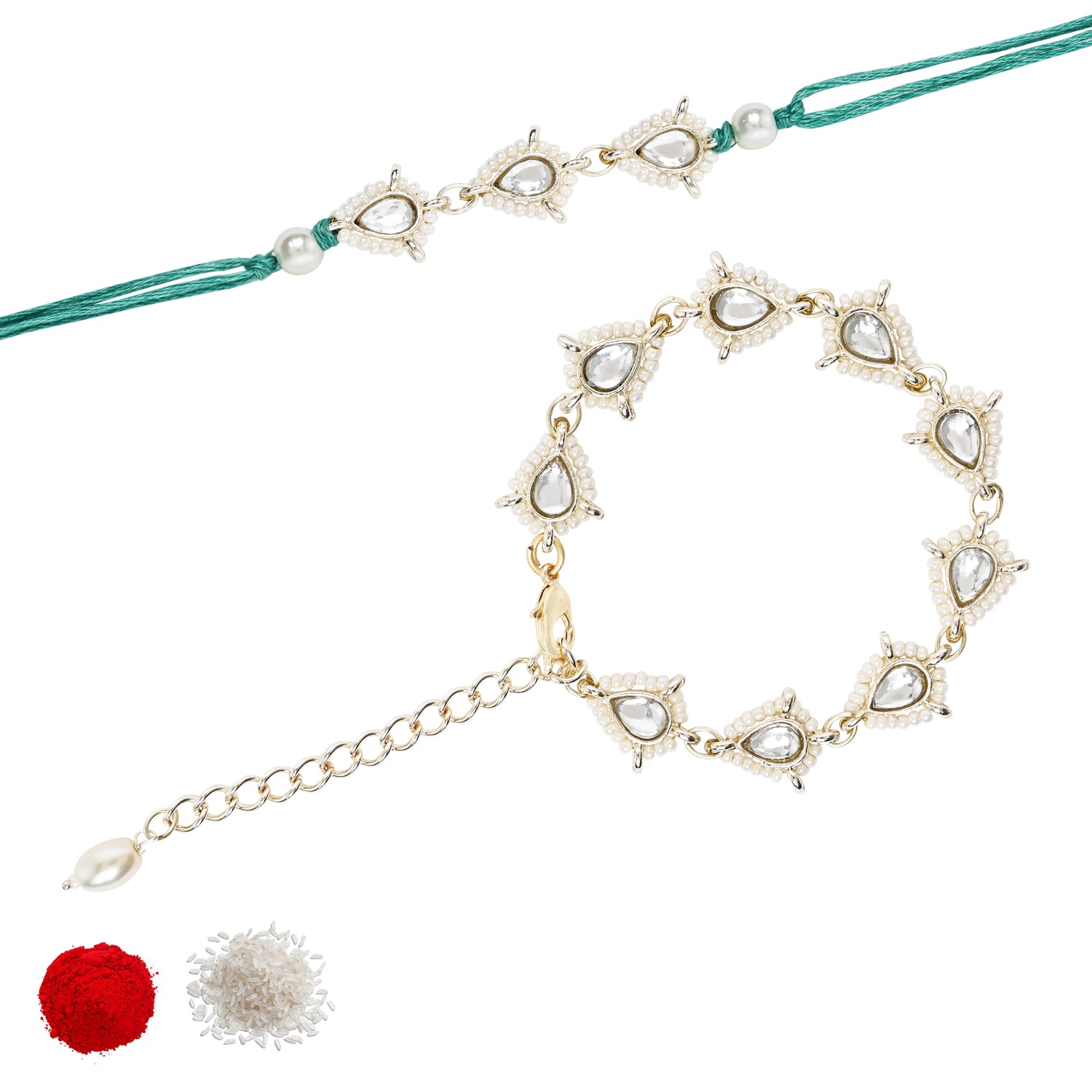 Elegant Bhaiya Bhabhi Green Lumba & Pearl Rakhi With Roli Chawal &Card