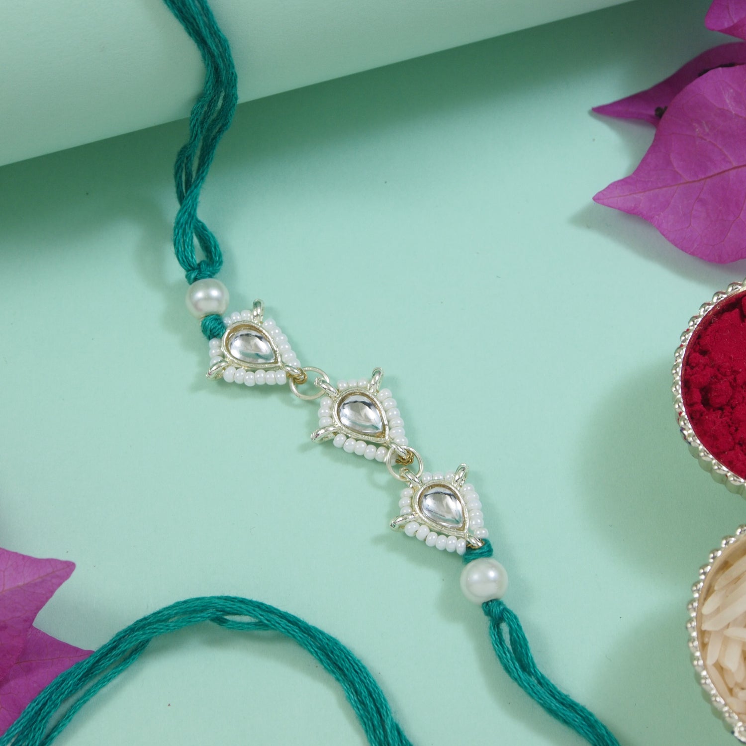 Delicate Pearl Beads Green Rakhi with Roli Chawal & Rakshabandhan Card
