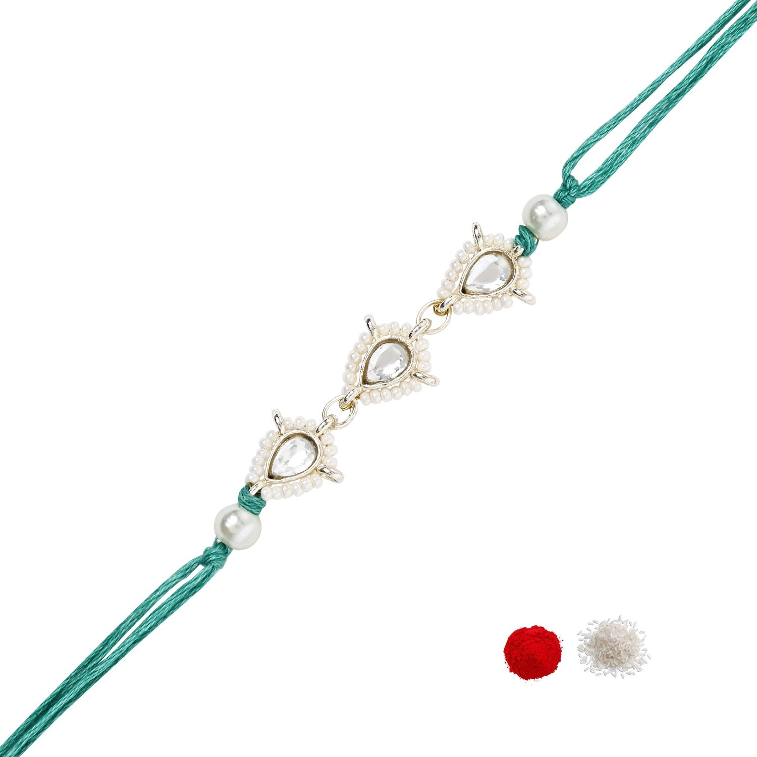 Delicate Pearl Beads Green Rakhi with Roli Chawal & Rakshabandhan Card