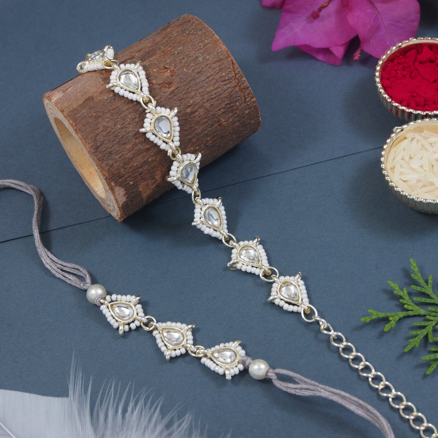 Elegant Bhaiya Bhabhi Green Lumba & Pearl Rakhi With Roli Chawal & Card