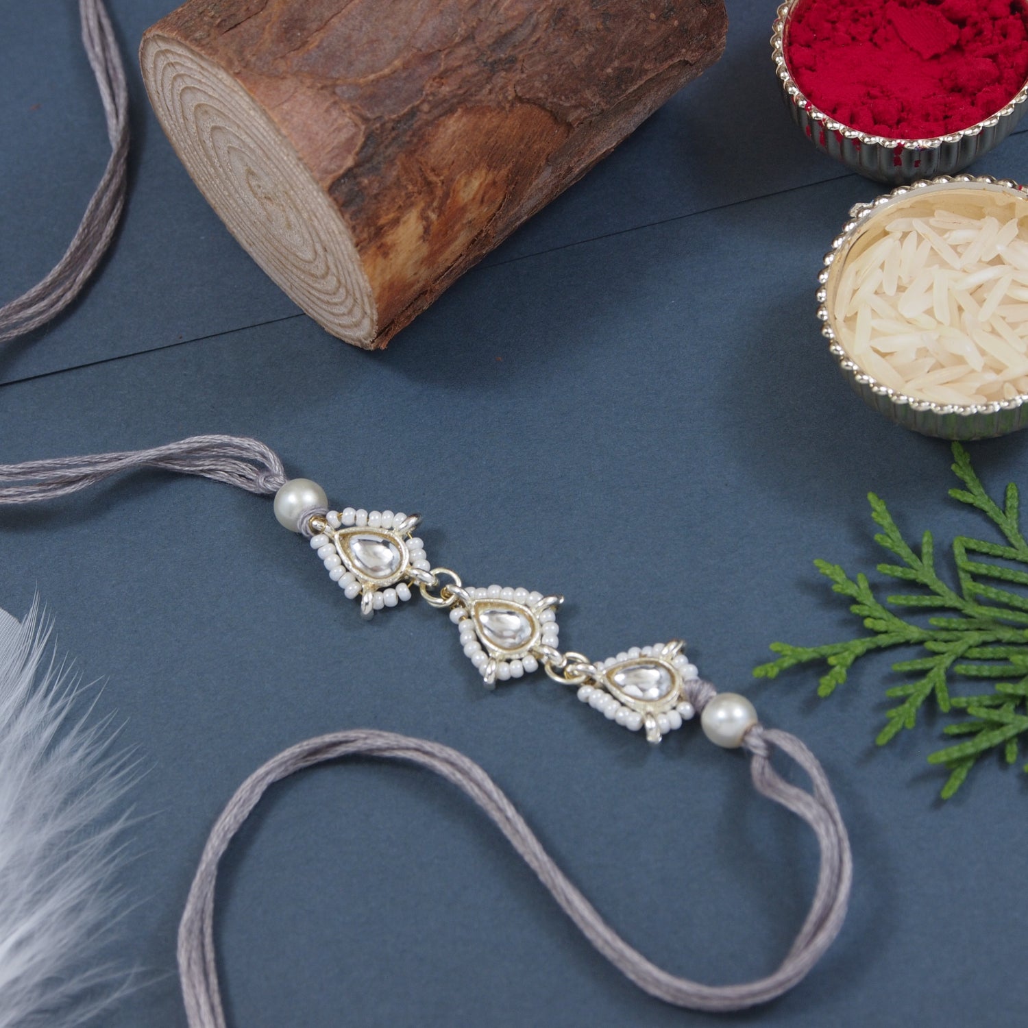 Delicate Pearl Beads Grey Rakhi with Roli Chawal & Rakshabandhan Card