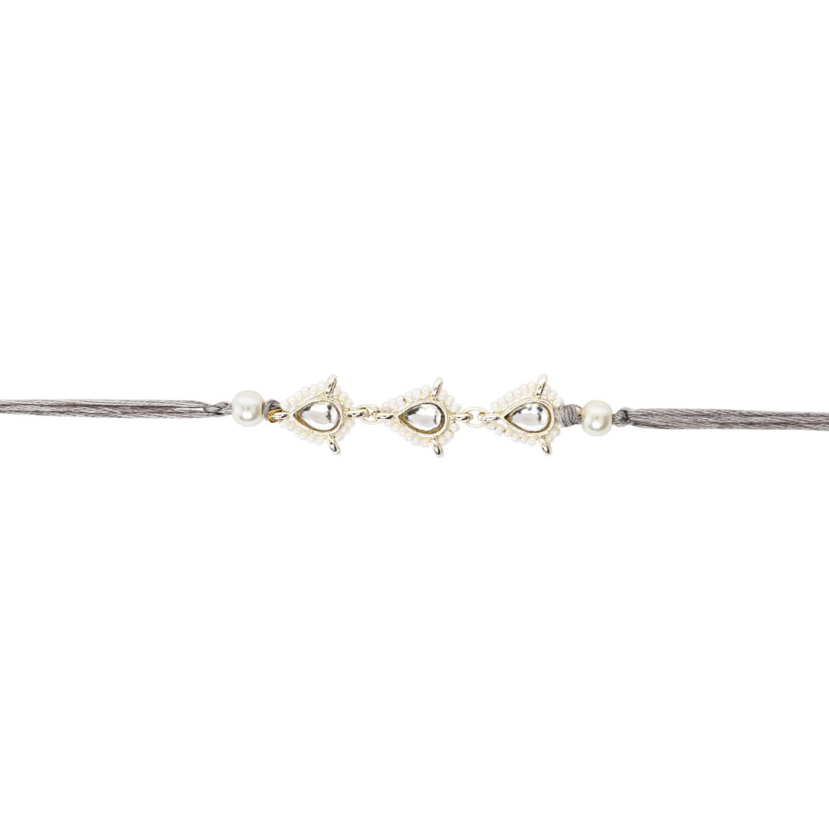 Delicate Pearl Beads Grey Rakhi with Roli Chawal & Rakshabandhan Card