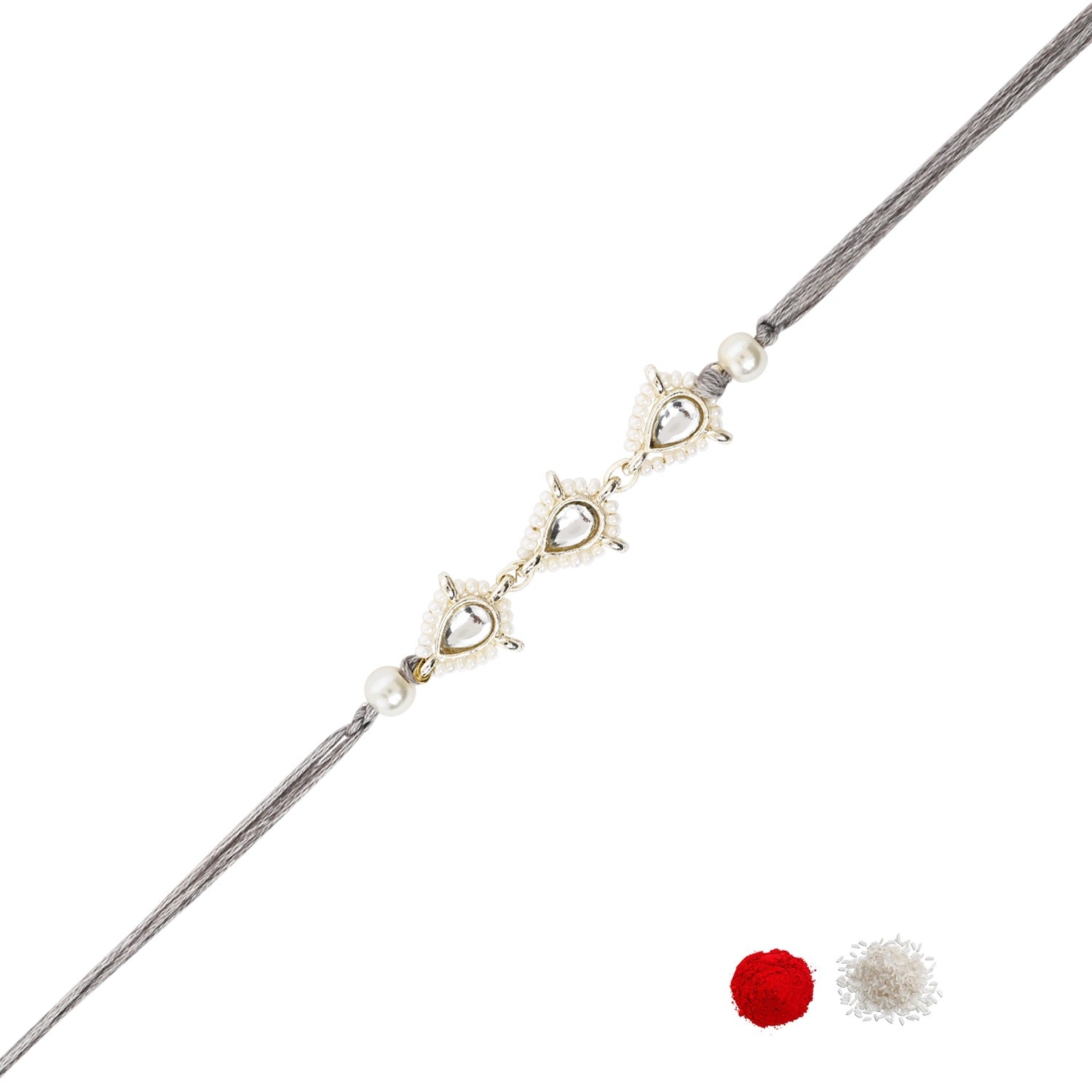 Delicate Pearl Beads Grey Rakhi with Roli Chawal & Rakshabandhan Card
