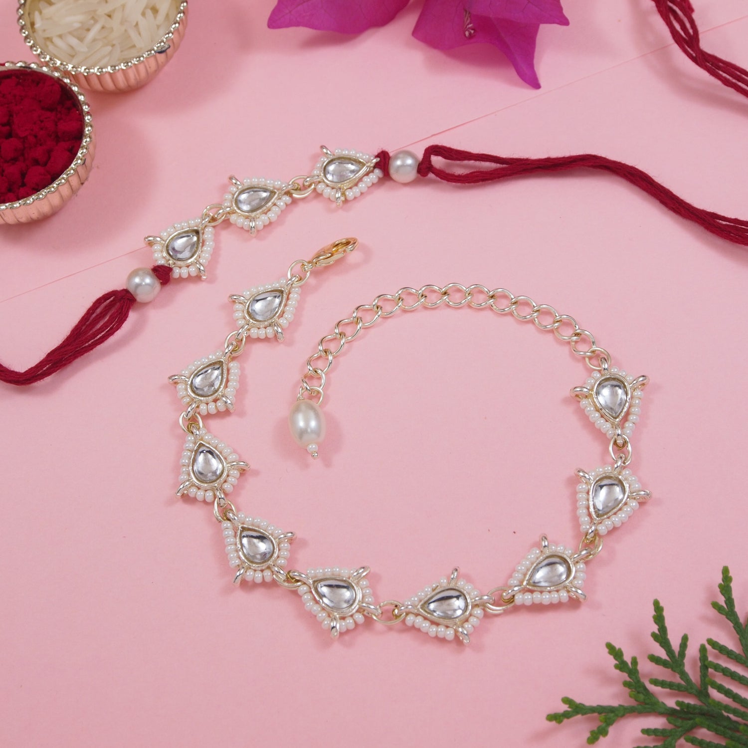 Elegant Bhaiya Bhabhi Maroon Lumba Pearl & Rakhi With Roli Chawal &Card