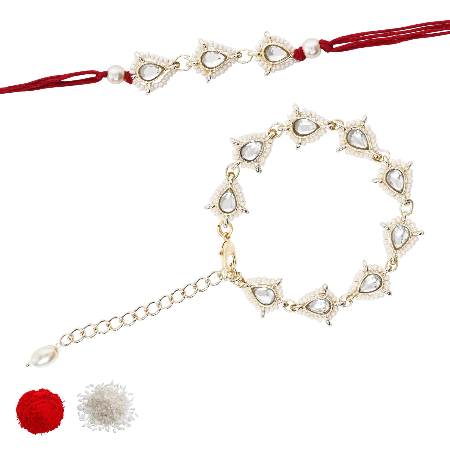 Elegant Bhaiya Bhabhi Maroon Lumba Pearl & Rakhi With Roli Chawal &Card