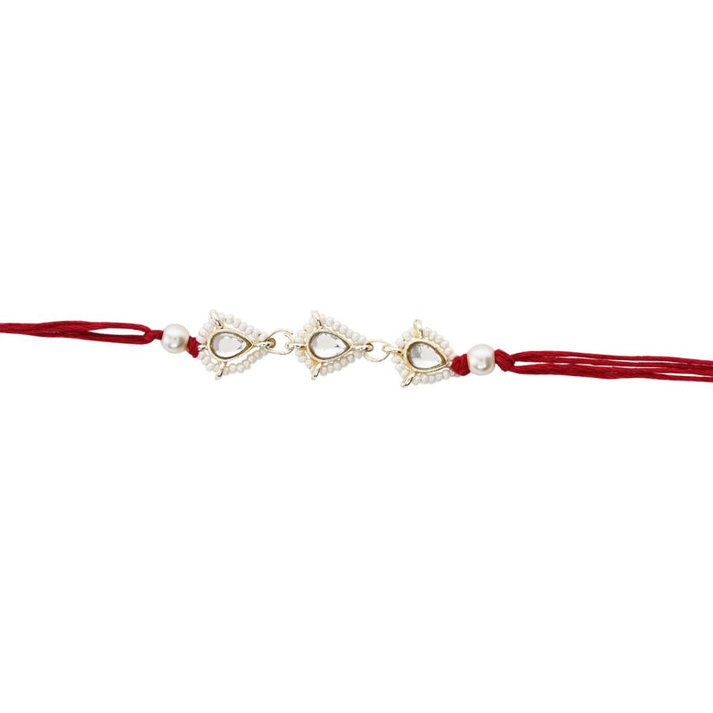 Delicate Pearl Beads Maroon Rakhi with Roli Chawal & Rakshabandhan Card