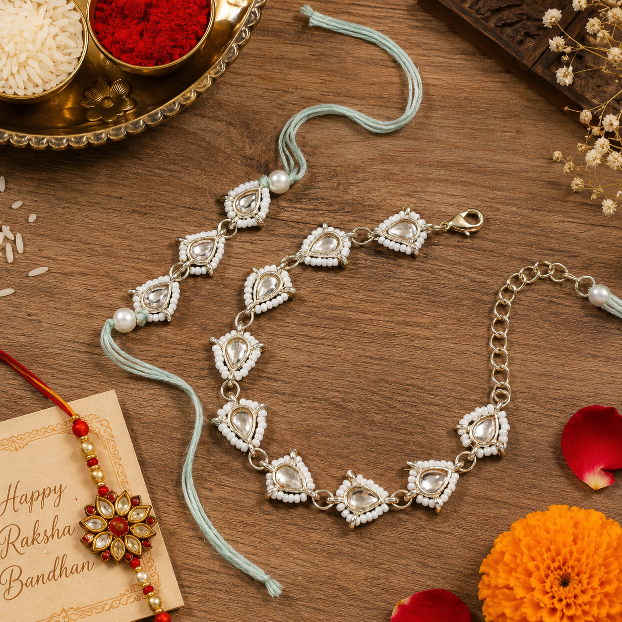 Elegant Bhaiya Bhabhi Lumba Pearl & Rakhi With Roli Chawal & Card