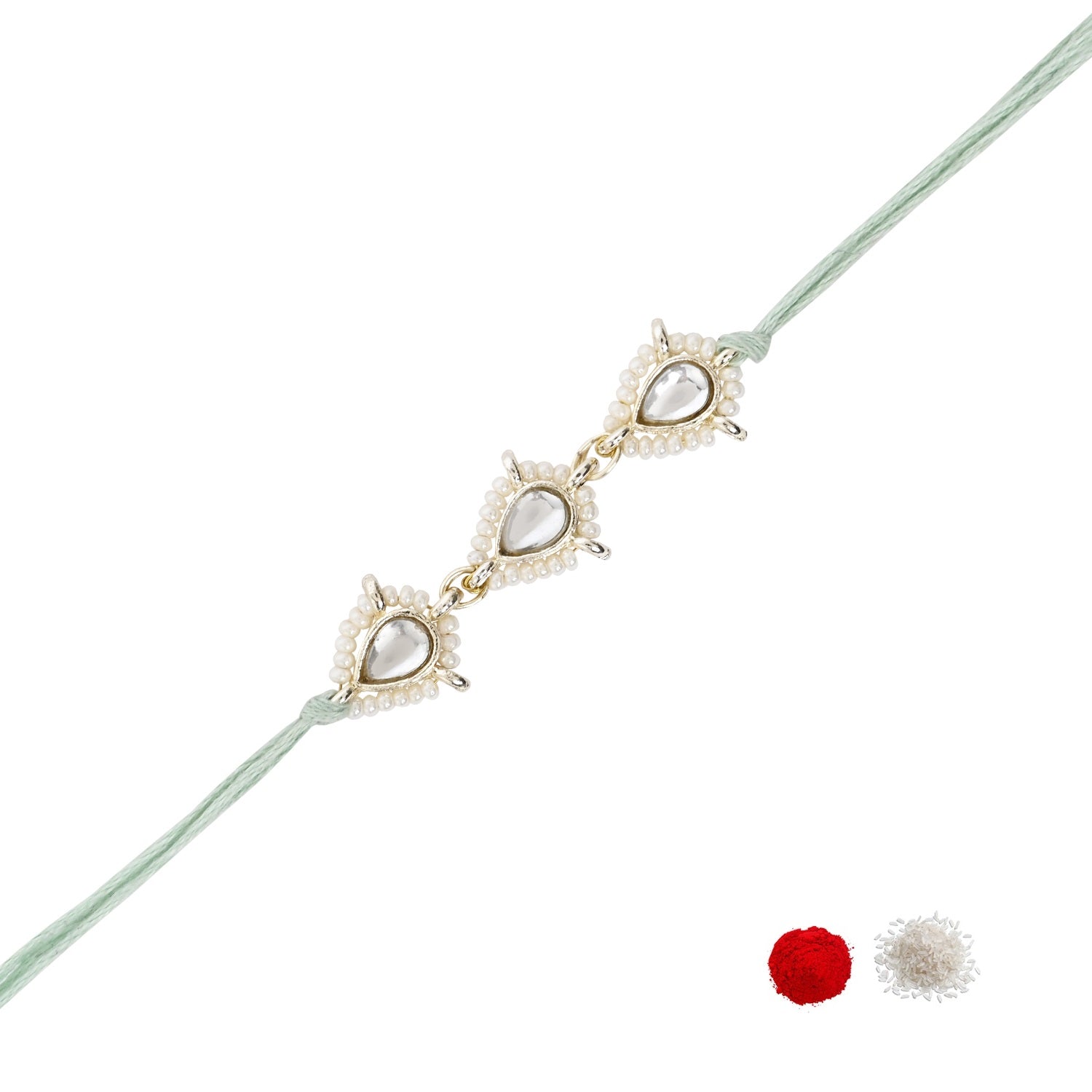 Delicate Pearl Beads Mint Rakhi with Roli Chawal & Rakshabandhan Card