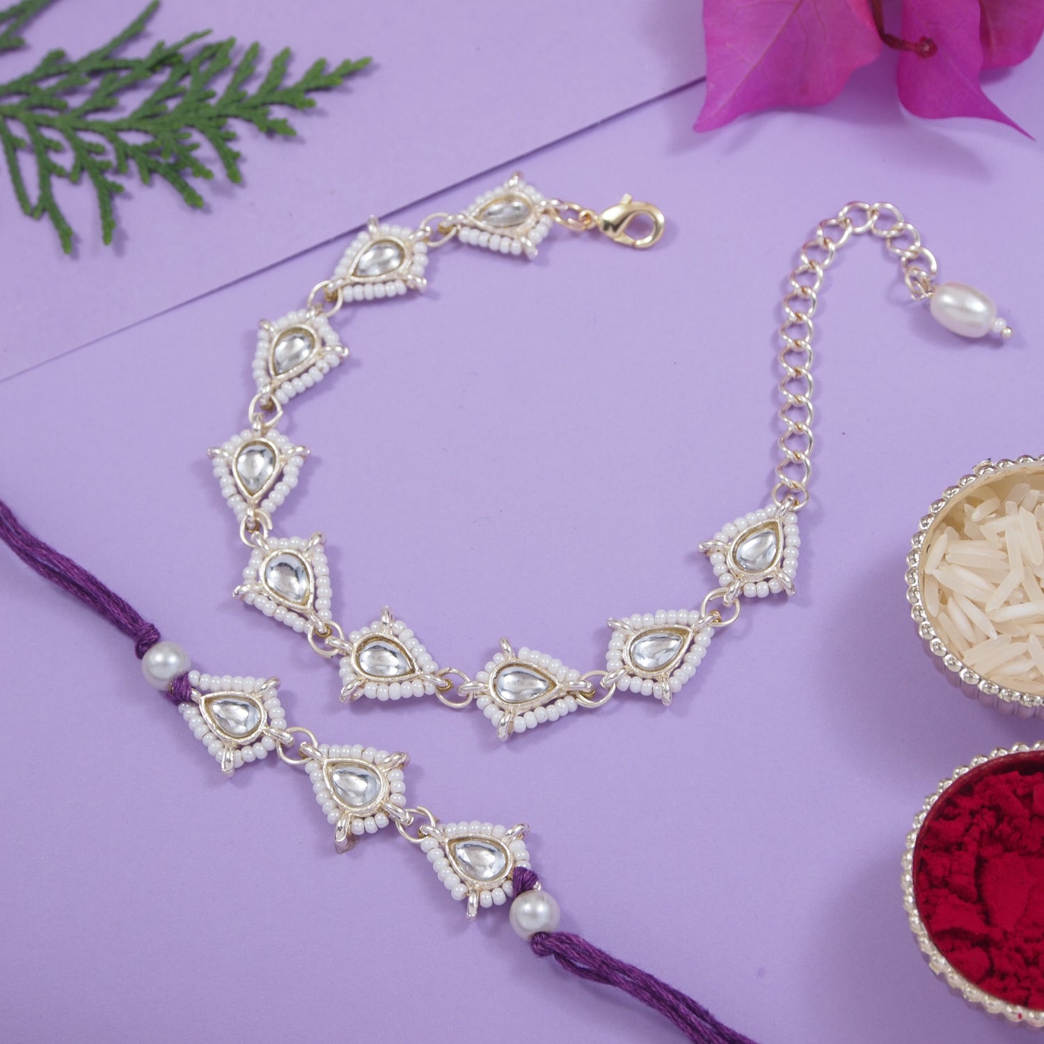 Elegant Bhaiya Bhabhi Wine Lumba Pearl Rakhi With Roli Chawal &Card