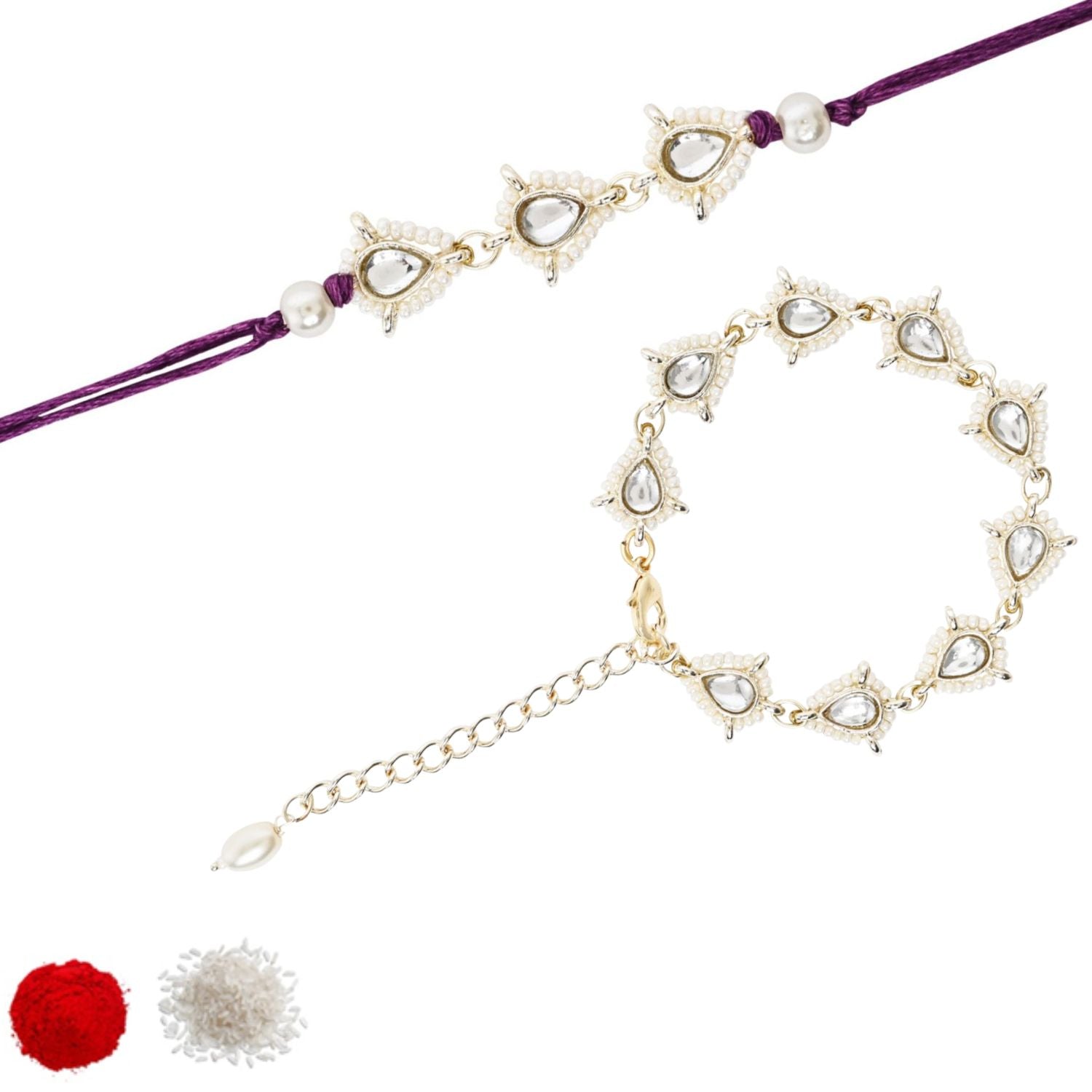 Elegant Bhaiya Bhabhi Wine Lumba Pearl Rakhi With Roli Chawal &Card