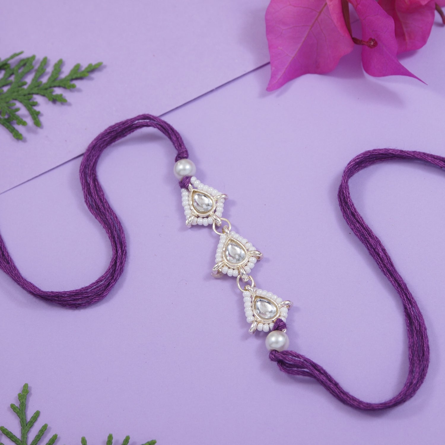 Delicate Pearl Beads Wine Rakhi with Roli Chawal & Rakshabandhan Card
