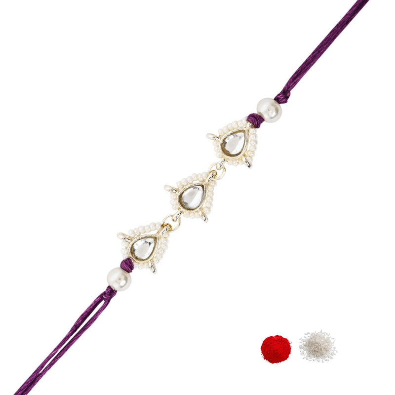 Delicate Pearl Beads Wine Rakhi with Roli Chawal & Rakshabandhan Card