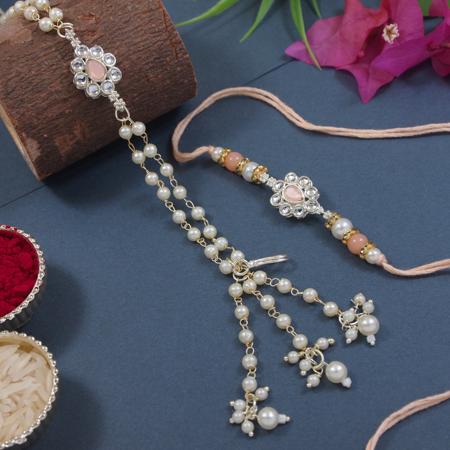 Elegant Bhaiya Bhabhi Peach Lumba Pearl & Rakhi With Roli Chawal &Card