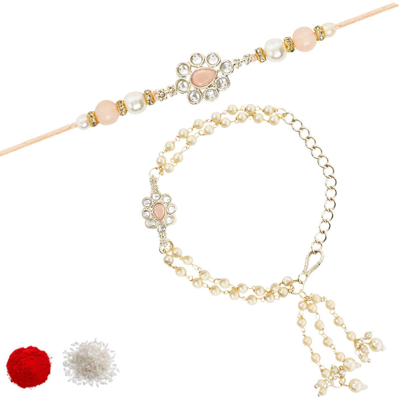 Elegant Bhaiya Bhabhi Peach Lumba Pearl & Rakhi With Roli Chawal &Card